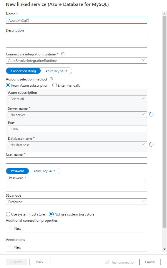 Configuración de un servicio vinculado en Azure Database for MySQL.