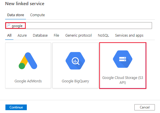 Selección del conector de Google Cloud Storage (API de S3).