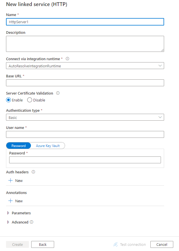 Captura de pantalla de la configuración de un servicio vinculado HTTP