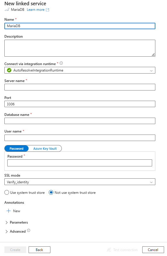 Captura de pantalla de la configuración del servicio vinculado para MariaDB