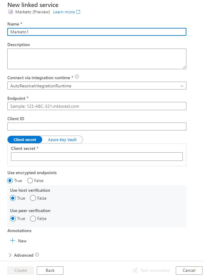 Captura de pantalla de la configuración del servicio vinculado en Marketo.