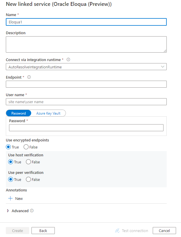 Captura de pantalla de la configuración del servicio vinculado de Oracle Eloqua.