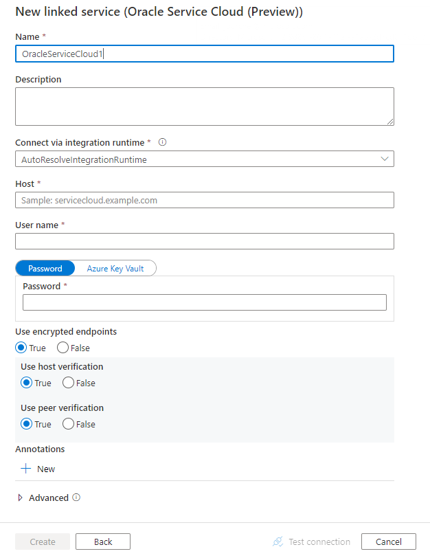 Configure un servicio vinculado a Oracle Service Cloud.