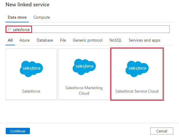 Selección del conector de Salesforce Service Cloud