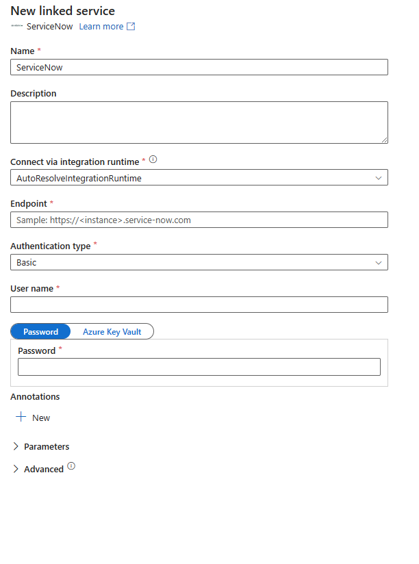 Captura de pantalla de la configuración del servicio vinculado de ServiceNow.