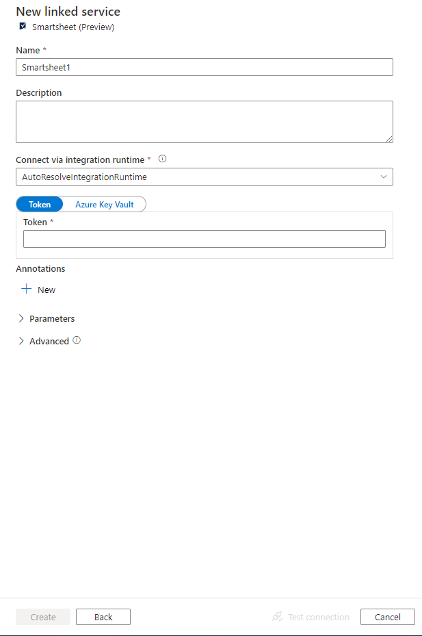 Captura de pantalla que muestra la configuración del servicio vinculado de Smartsheet.