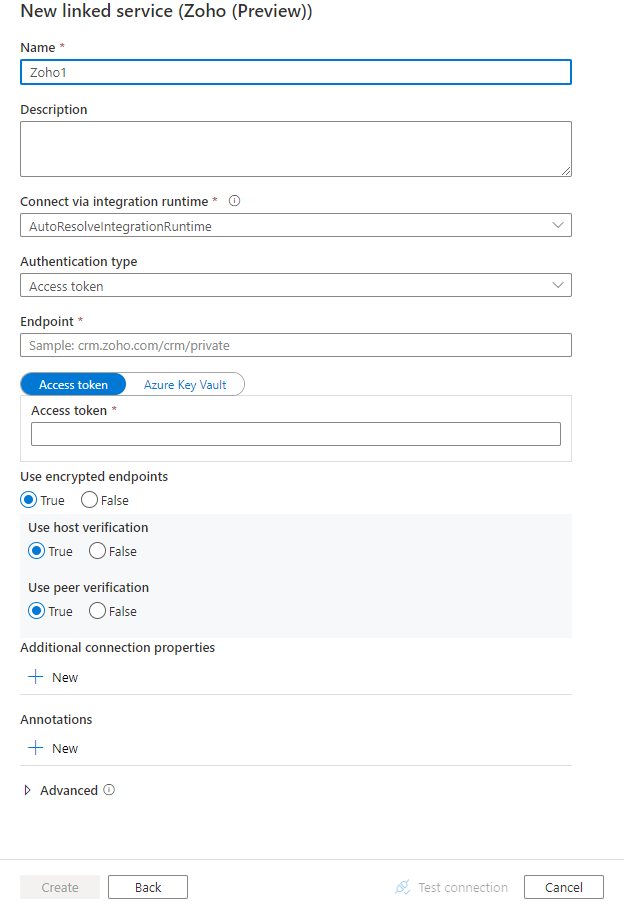 Configuración de un servicio vinculado a Zoho