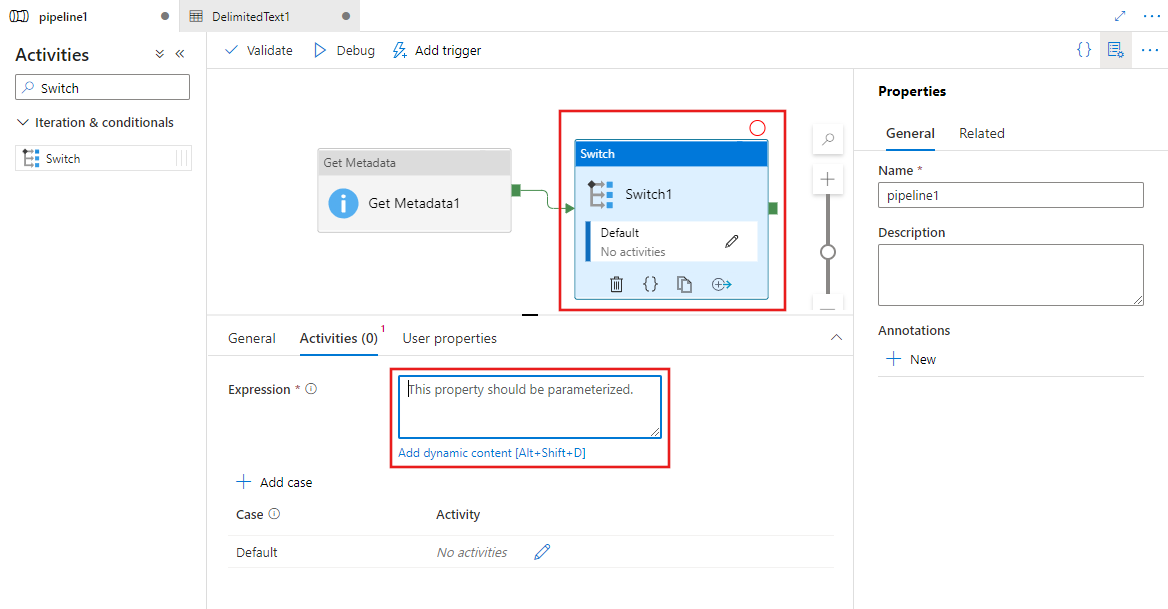 Canalización con una actividad Switch agregada para controlar la salida de la actividad Obtener metadatos