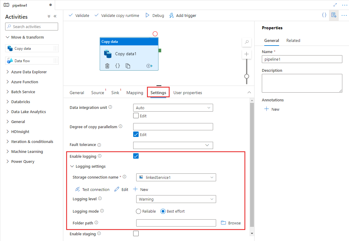 Muestra cómo configurar el registro para un actividad de copia en la pestaña de configuración.