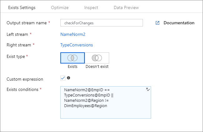 Configuración personalizada de Existe