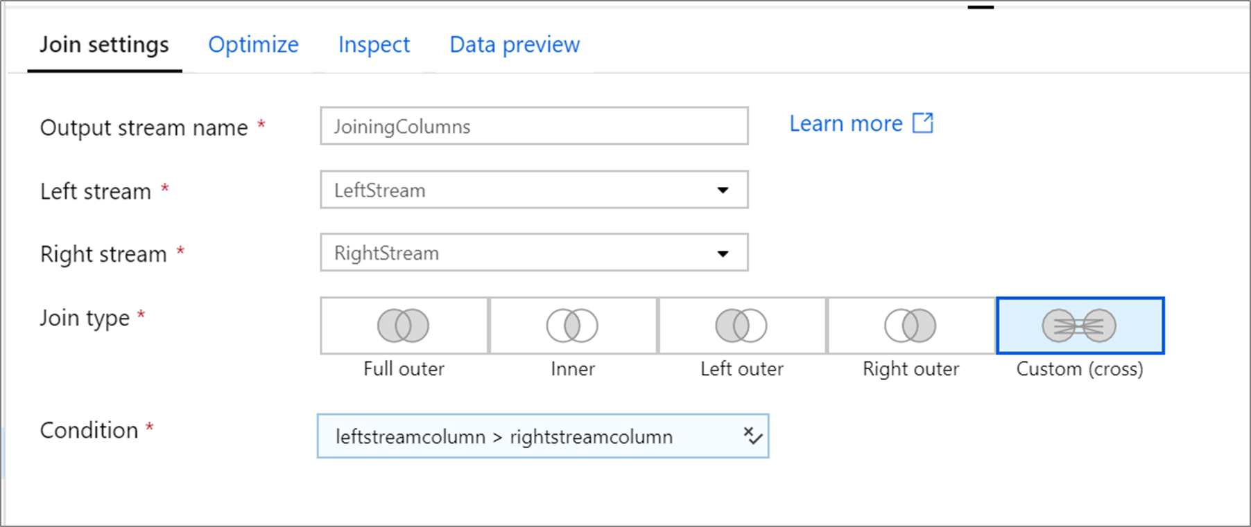 Captura de pantalla que muestra la transformación con la pestaña Configuración de combinación seleccionada y el tipo de combinación Personalizada (cruzada).