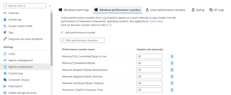 Captura de pantalla de la interfaz de selección de contadores en Azure Portal.