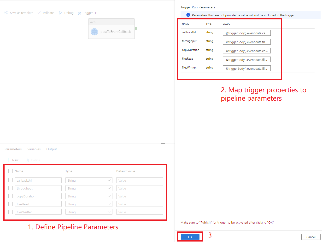 Captura de pantalla que muestra la configuración de parámetros de canalización.