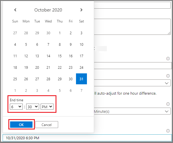 Captura de pantalla que muestra la configuración del desencadenador para la fecha y hora de finalización.