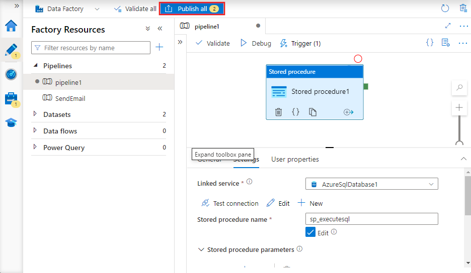 Captura de pantalla que muestra el botón para publicar todas las configuraciones de Data Factory.