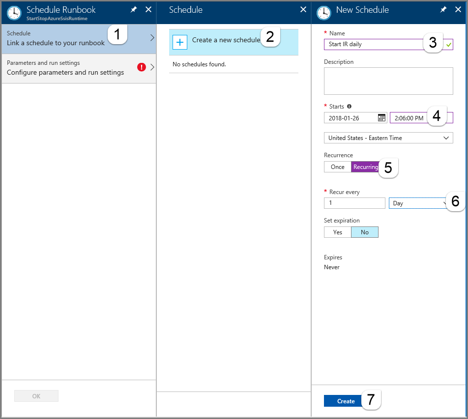 Captura de pantalla que muestra las selecciones para programar el inicio de un Azure-SSIS IR.