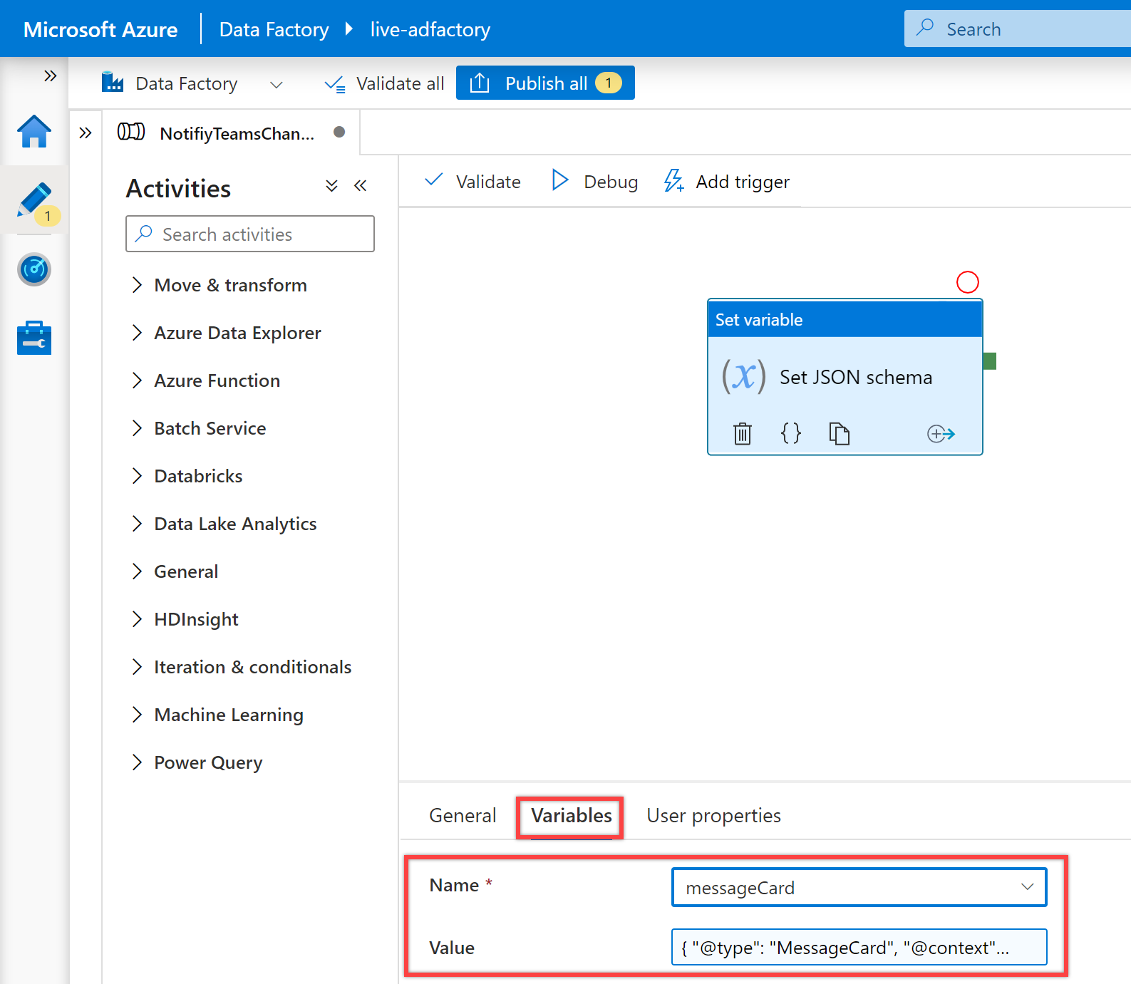 Shows the "Set variable" activity variables tab.