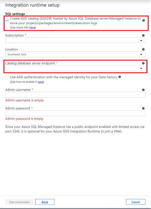 La captura de pantalla muestra la configuración de Integration Runtime con la casilla Create SSIS catalog (Crear catálogo de SSIS) activada y el punto de conexión del servidor de base de datos de catálogo especificado.