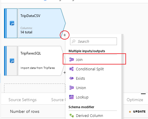 Captura de pantalla de Azure Portal del botón para combinar orígenes de datos en un flujo de datos.