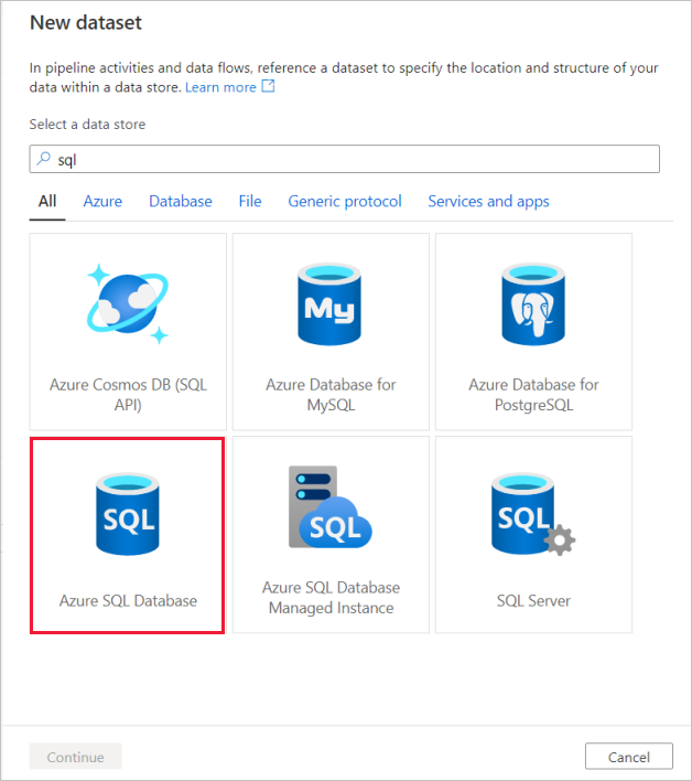 Captura de pantalla de Azure Portal de creación de un conjunto de datos en Azure SQL Database.