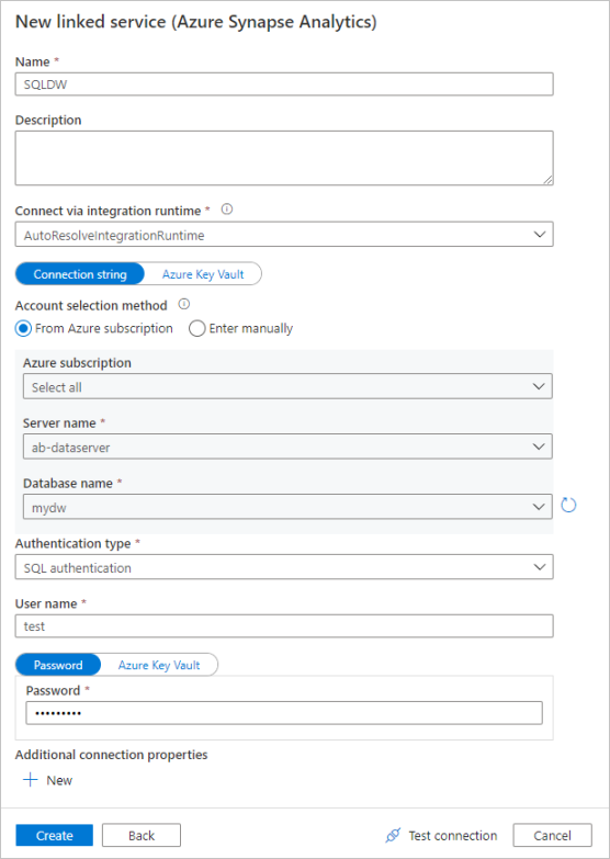 Captura de pantalla de Azure Portal para configurar un nuevo servicio vinculado de Azure Synapse Analytics denominado SQLDW.