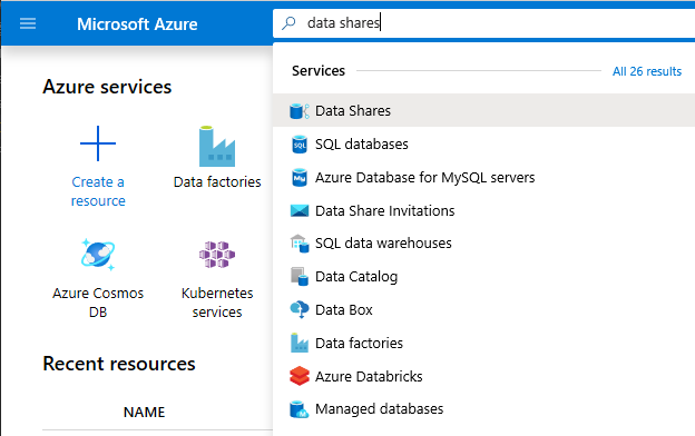 Captura de pantalla de Azure Portal de búsqueda de recursos compartidos de datos en la barra de búsqueda de Azure Portal.