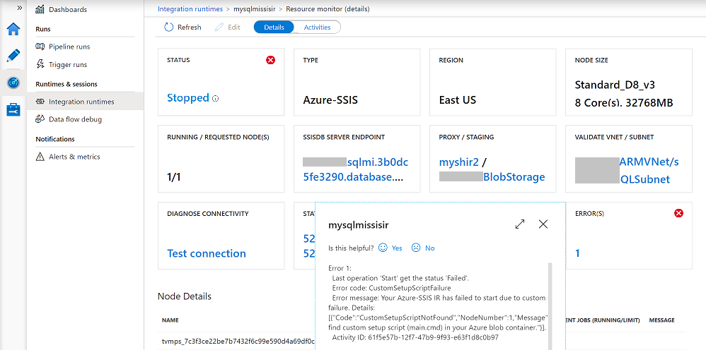 Supervisión de la instancia de Azure-SSIS IR: icono ERROR