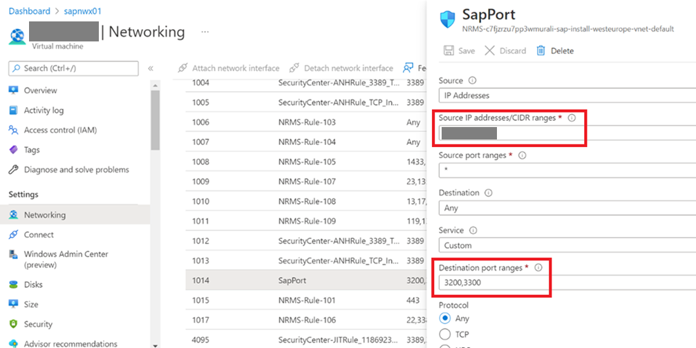 Captura de pantalla de la configuración de red del portal de Azure para agregar reglas de seguridad de red para que el entorno de ejecución se conecte a sus sistemas SAP.