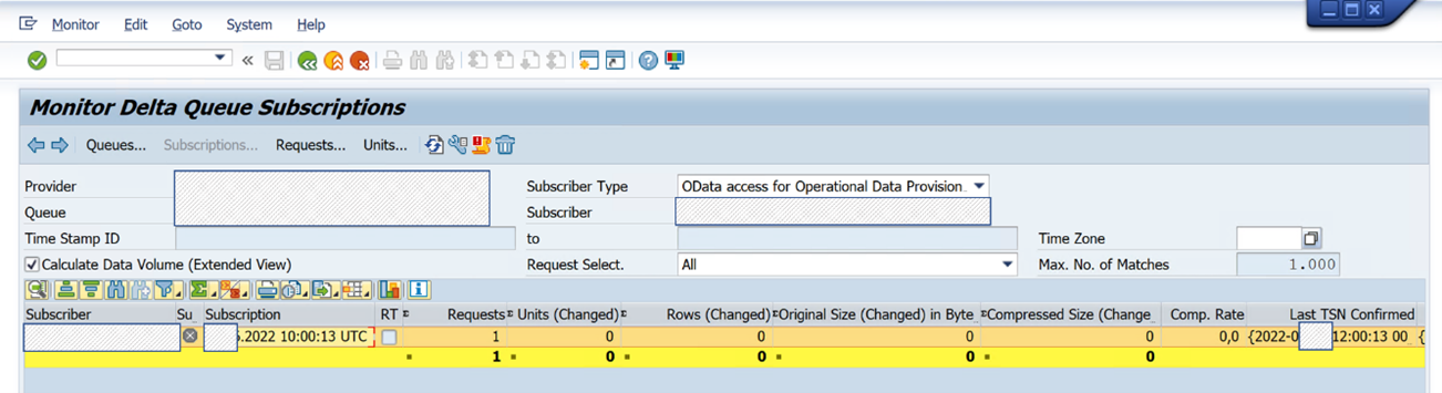 Captura de pantalla de la herramienta ODQMON de SAP, con las suscripciones de cola diferenciales mostradas.