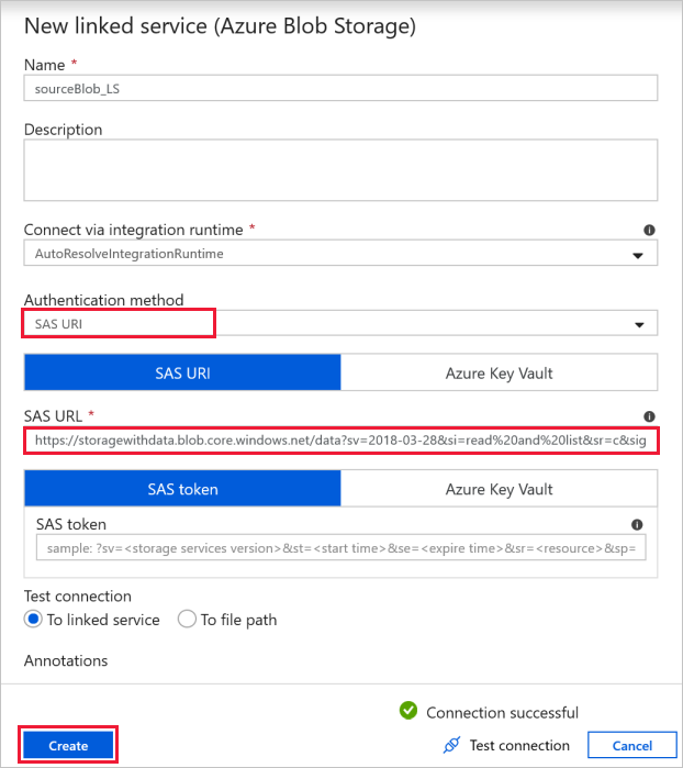 Selecciones para el método de autenticación y la dirección URL de SAS