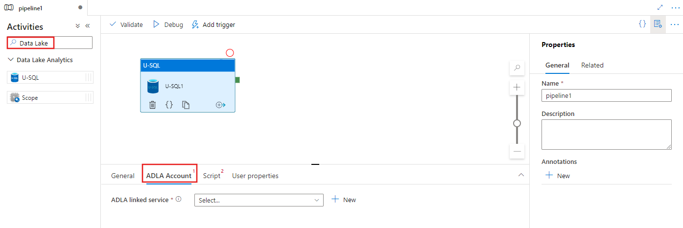 Muestra la UI de la actividad de U-SQL.