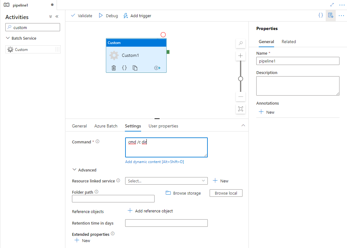 Muestra la UI de la pestaña Configuración de una actividad personalizada.