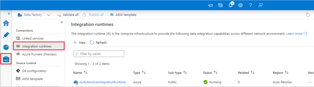 Opciones para ver las instancias de Integration Runtime existentes