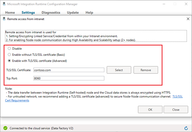 Captura de pantalla en la que se muestra la verificación de la configuración del acceso remoto en el paso 2 Configuration Manager de entorno de ejecución de integración autohospedado.