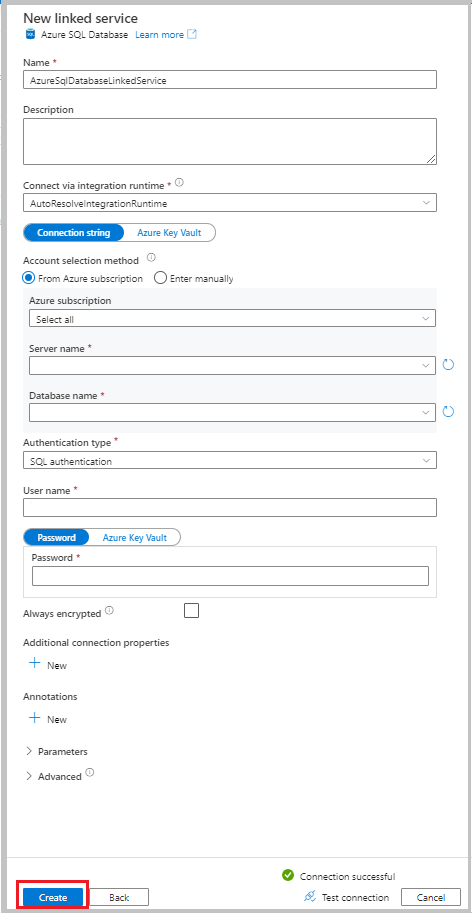 Captura de pantalla que muestra la configuración de un servicio vinculado de Azure SQL Database.