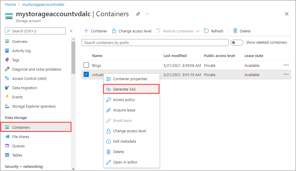 Captura de pantalla de la opción Generar SAS para un contenedor de blobs en Azure Portal