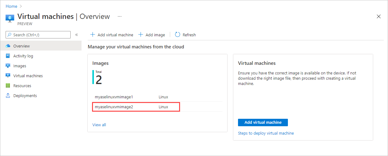 Captura de pantalla que muestra el panel Información general de Máquinas virtuales en un dispositivo Azure Stack Edge. Una imagen de la máquina virtual añadida recientemente está resaltada.