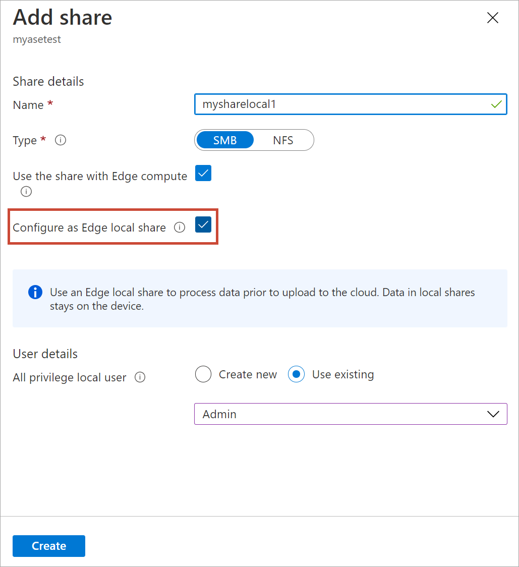 Captura de pantalla de la opción Crear recurso compartido local con la opción Configurar como recurso compartido local perimetral.