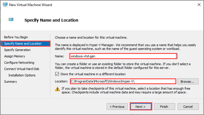 Especificación del nombre y de la ubicación de la máquina virtual