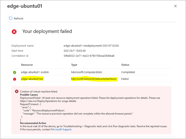 Captura de pantalla del error mostrado en Azure Portal cuando se produce un error en la creación de la interfaz de red durante la implementación de máquinas virtuales en un dispositivo de Azure Stack Edge.