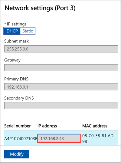 Captura de pantalla de la configuración de red del puerto 3 en la interfaz web local de un dispositivo Azure Stack Edge.