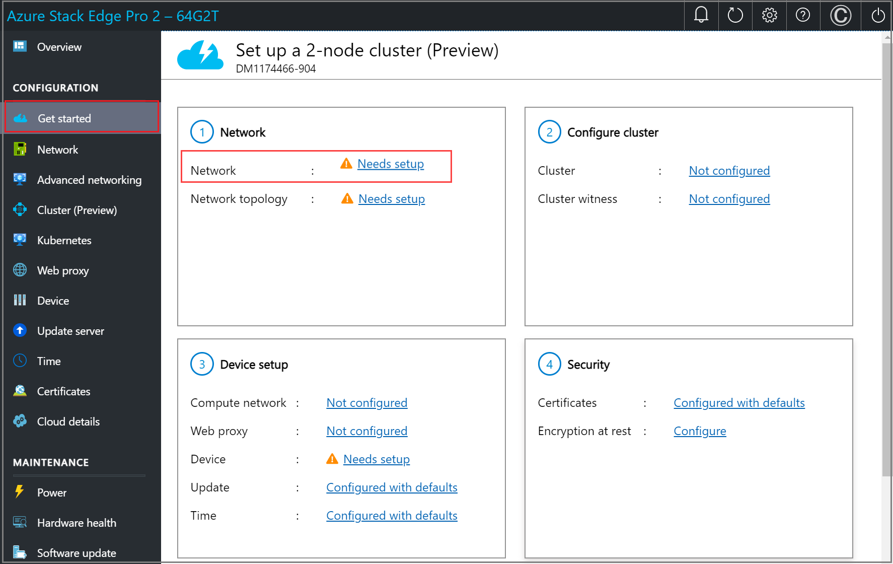 Captura de pantalla de la página de inicio en la interfaz web local de un dispositivo Azure Stack Edge. La configuración de Necesidades está resaltada en el mosaico de Red.