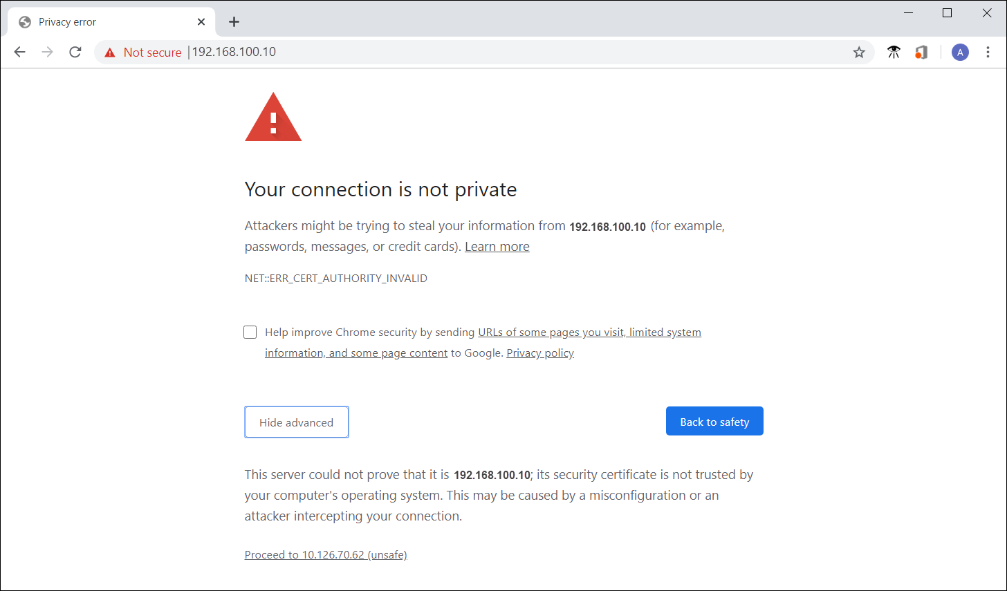 Mensaje de error del certificado de seguridad del sitio web