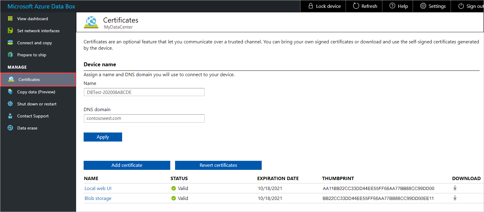 Página de certificados para un dispositivo Data Box