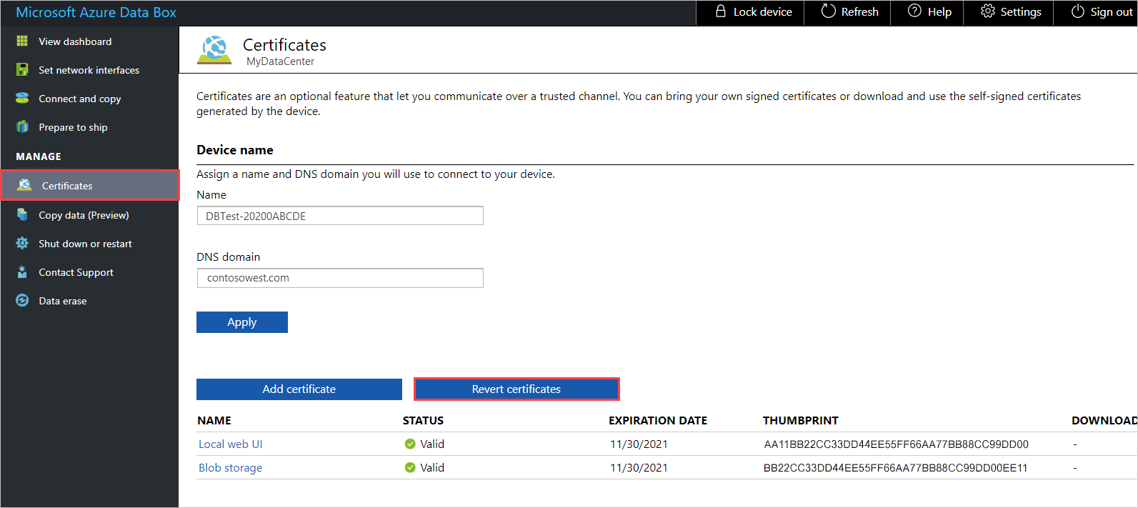 Opción para revertir certificados en la sección Administrar certificados de un dispositivo Data Box