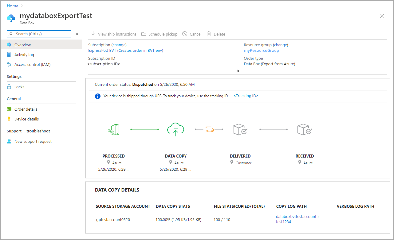 Pedido de exportación de Data Box enviado