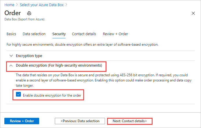 Pantalla de seguridad para la importación de Data Box, cifrado doble