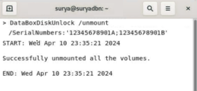 Captura de pantalla de los resultados de ejemplo que indican el desmontaje correcto de Data Box Disk.