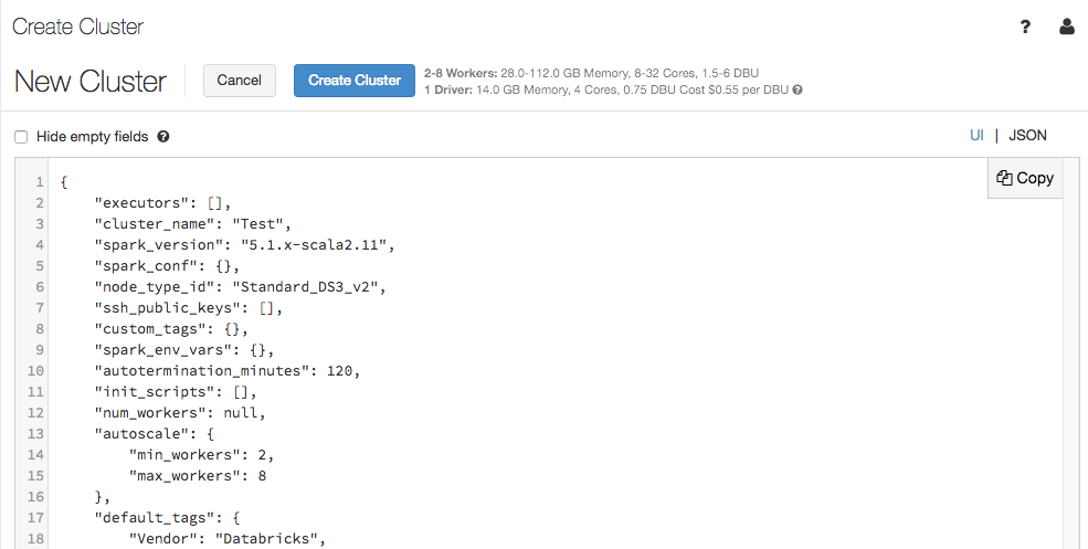 JSON de la configuración de clúster