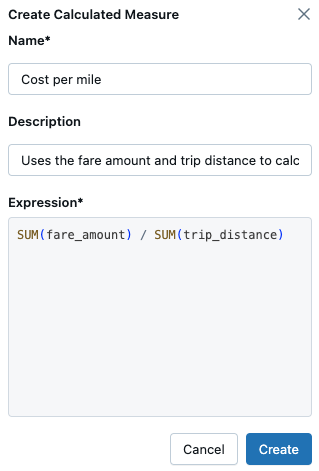 Editor de medidas calculadas con los valores de las instrucciones rellenadas.